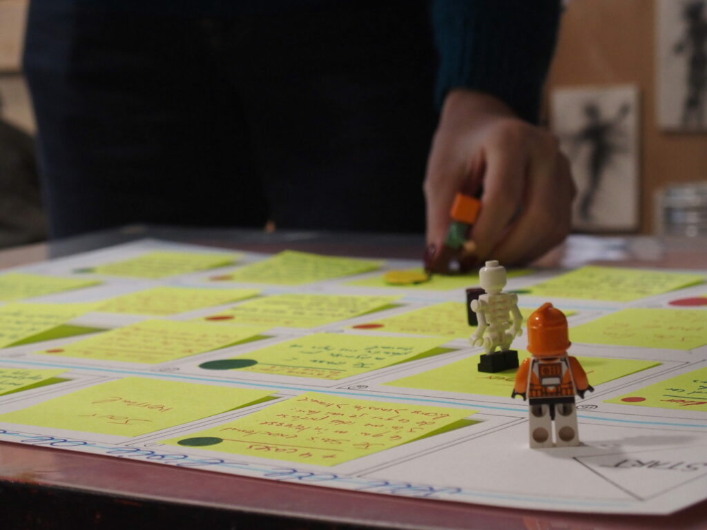 Photographie d'une présentation lors d'un atelier montrant des post-it et des legos