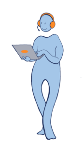Illustration du programme Aspie Friendly personnage sur son ordinateur portable avec un casque sur la tête
